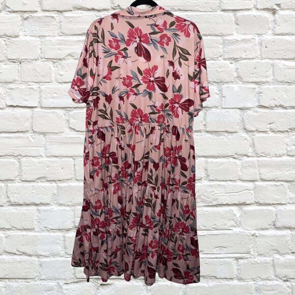 Size 3X Ritera Pockets Button Up Floral Polo Neck Shirred Midi Dress NWT - Picture 4 of 10